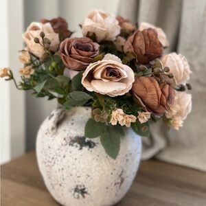 Rustic Textured White Vase with Earth-Tone Faux Roses - NIB